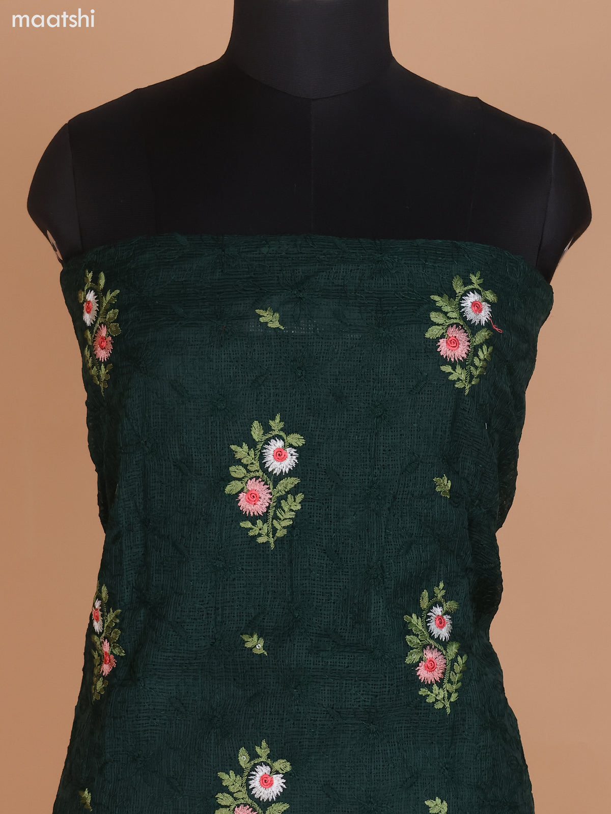 Dark Green Kota Dress Material With Floral Embroidery Work and Bottom & Dupatta