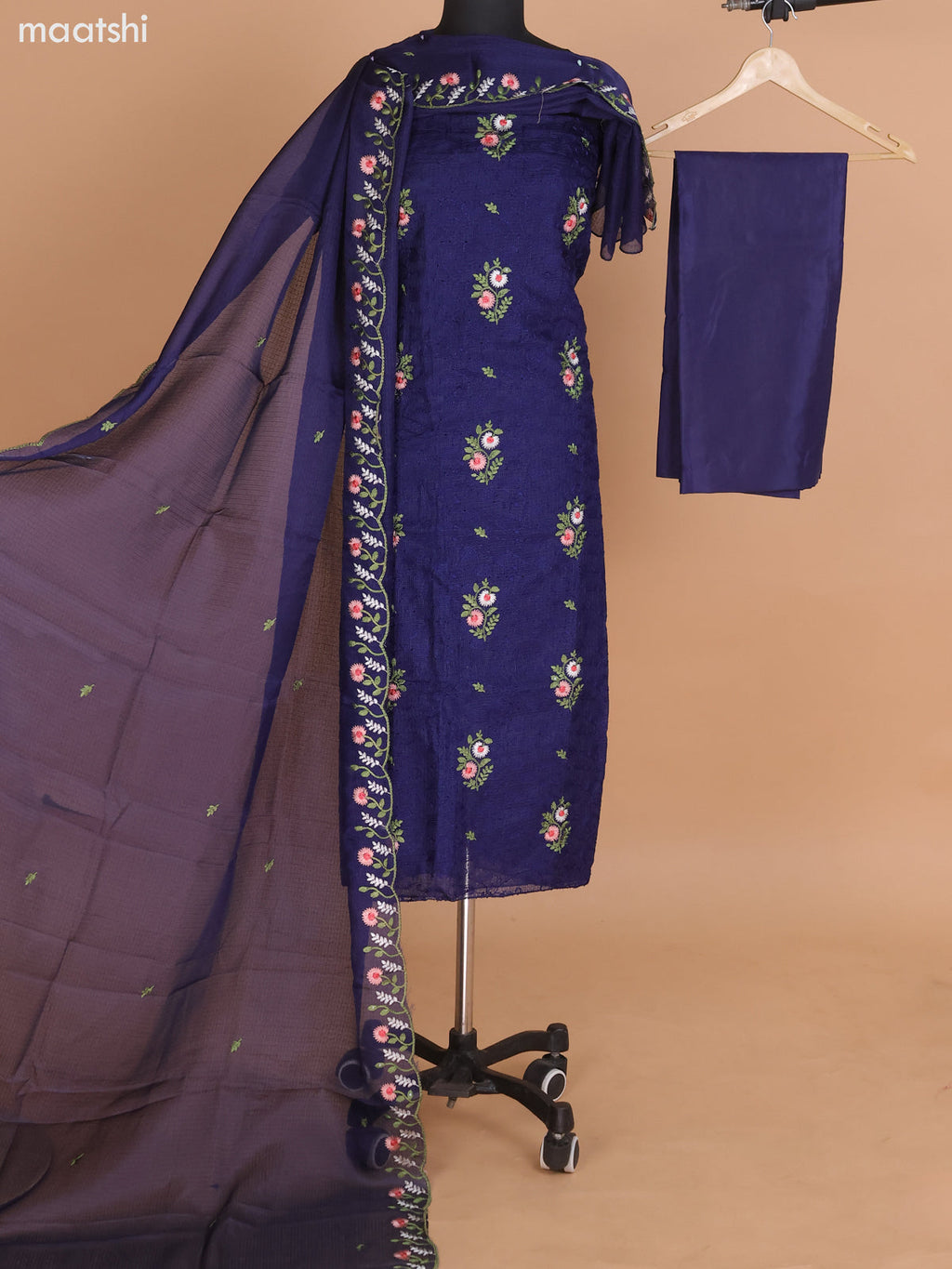 Navy Blue Kota Dress Material With Floral Embroidery Work and Bottom & Dupatta
