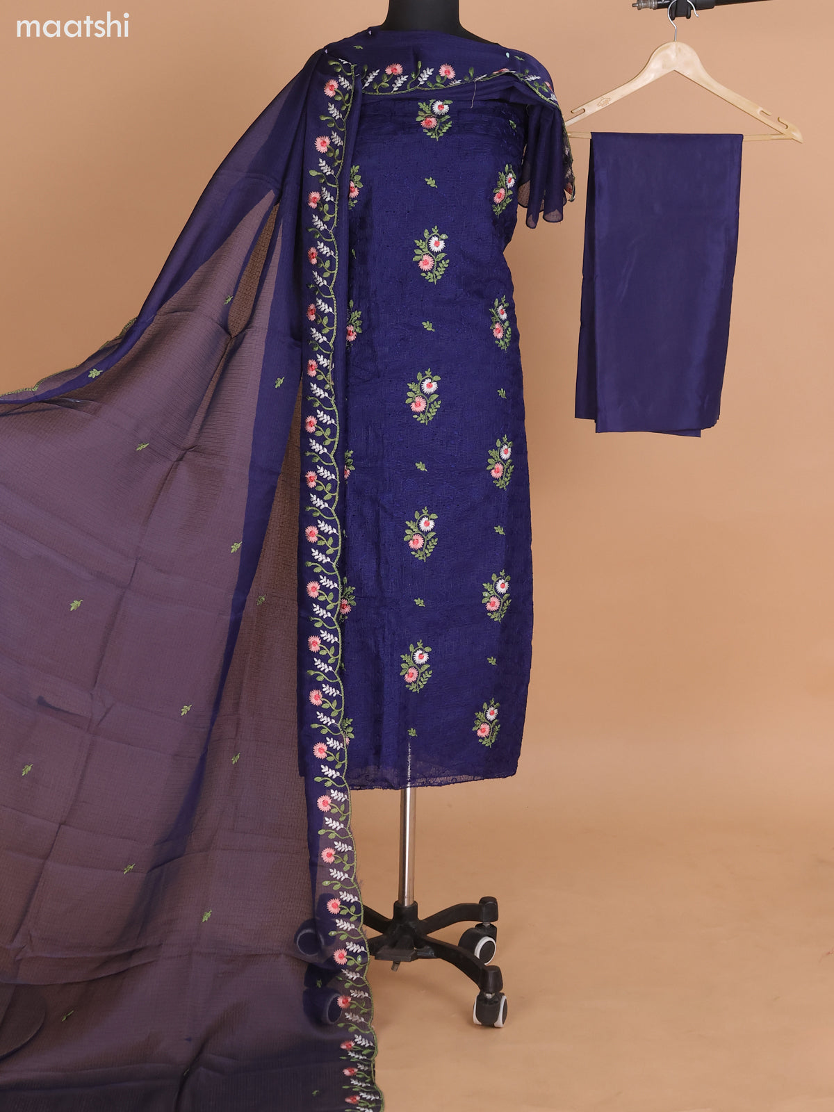 Navy Blue Kota Dress Material With Floral Embroidery Work and Bottom & Dupatta