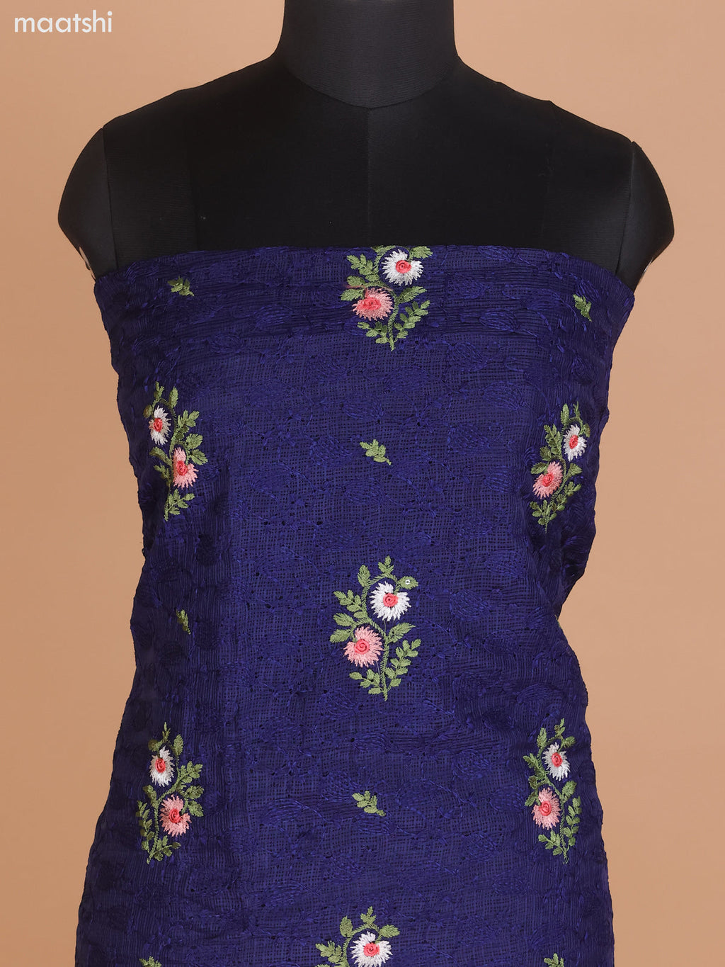 Navy Blue Kota Dress Material With Floral Embroidery Work and Bottom & Dupatta