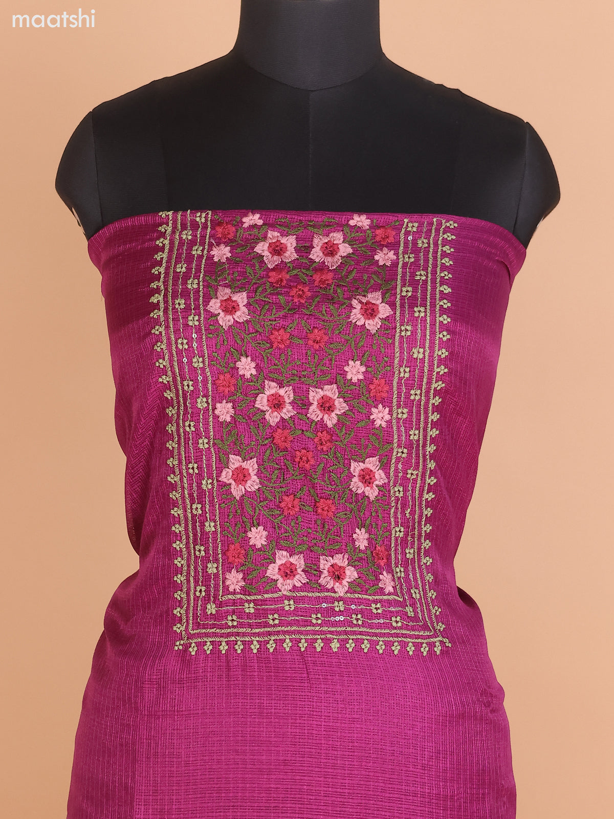 Magenta Pink Kota Dress Material With Floral Embroidery Work Neck Pattern and Bottom & Dupatta