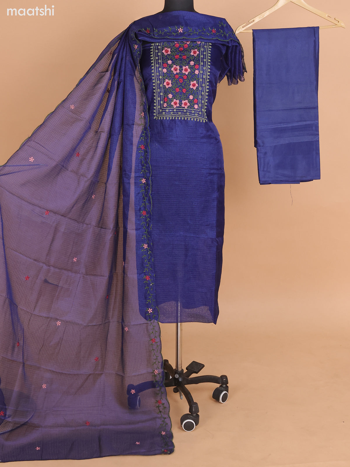 Navy Blue Kota Dress Material With Floral Embroidery Work Neck Pattern and Bottom & Dupatta