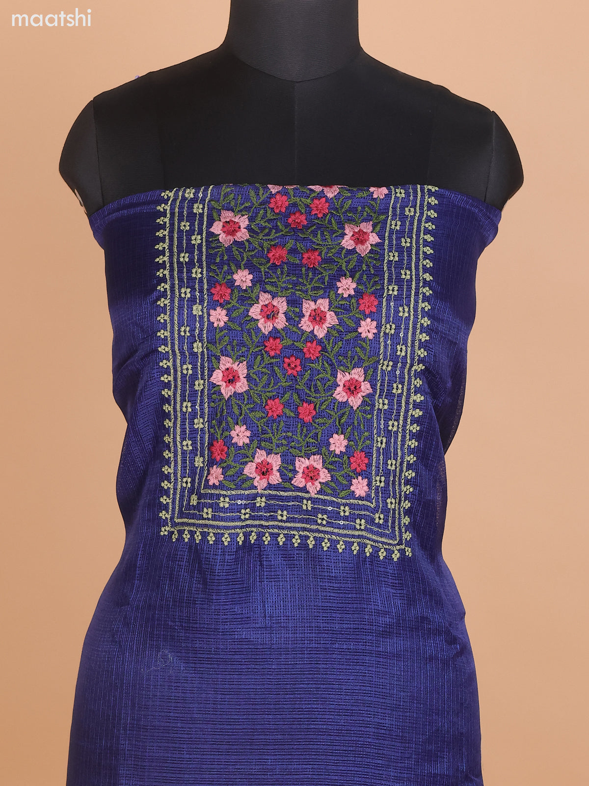 Navy Blue Kota Dress Material With Floral Embroidery Work Neck Pattern and Bottom & Dupatta