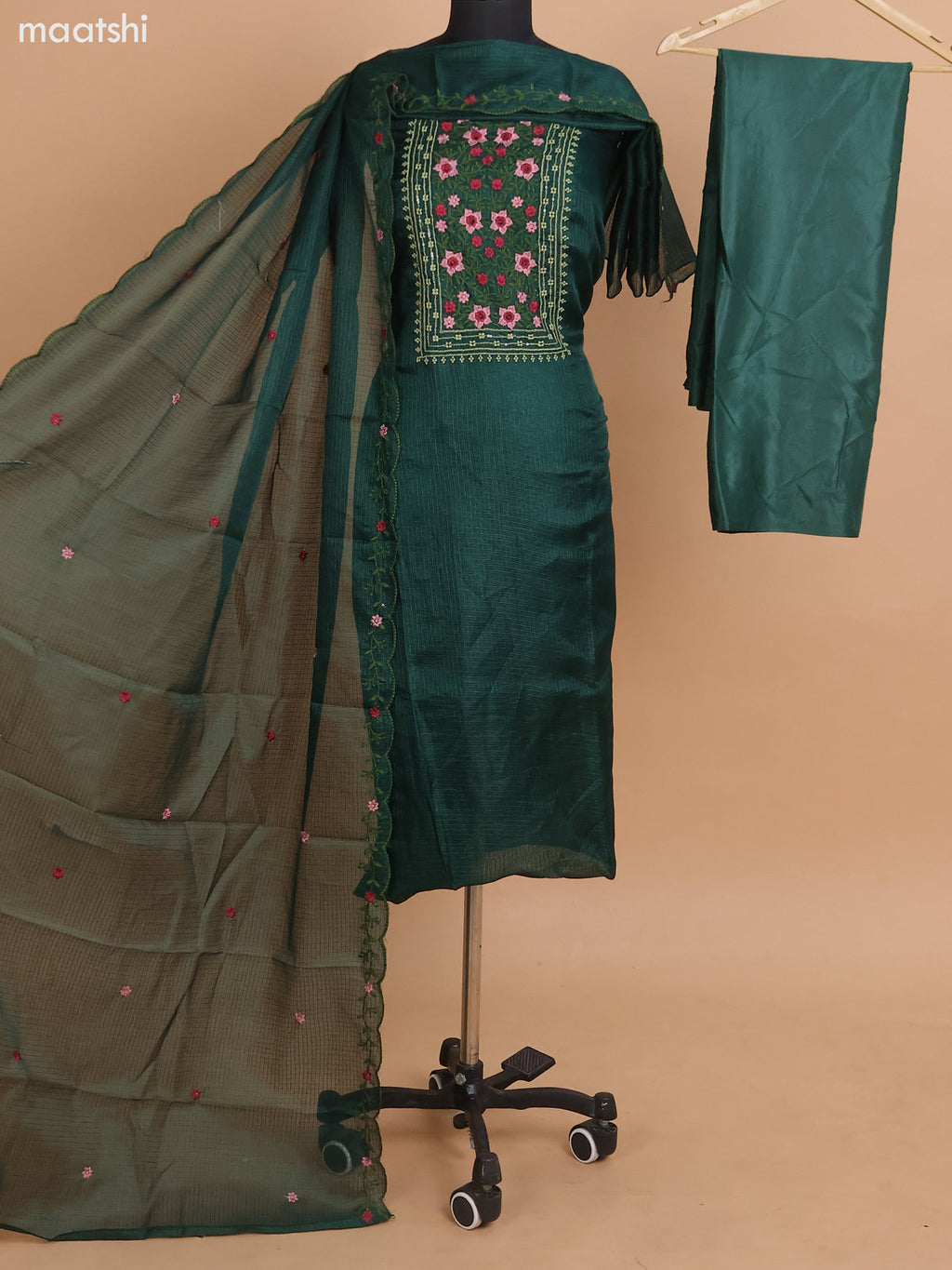 Dark Green Kota Dress Material With Floral Embroidery Work Neck Pattern and Bottom & Dupatta