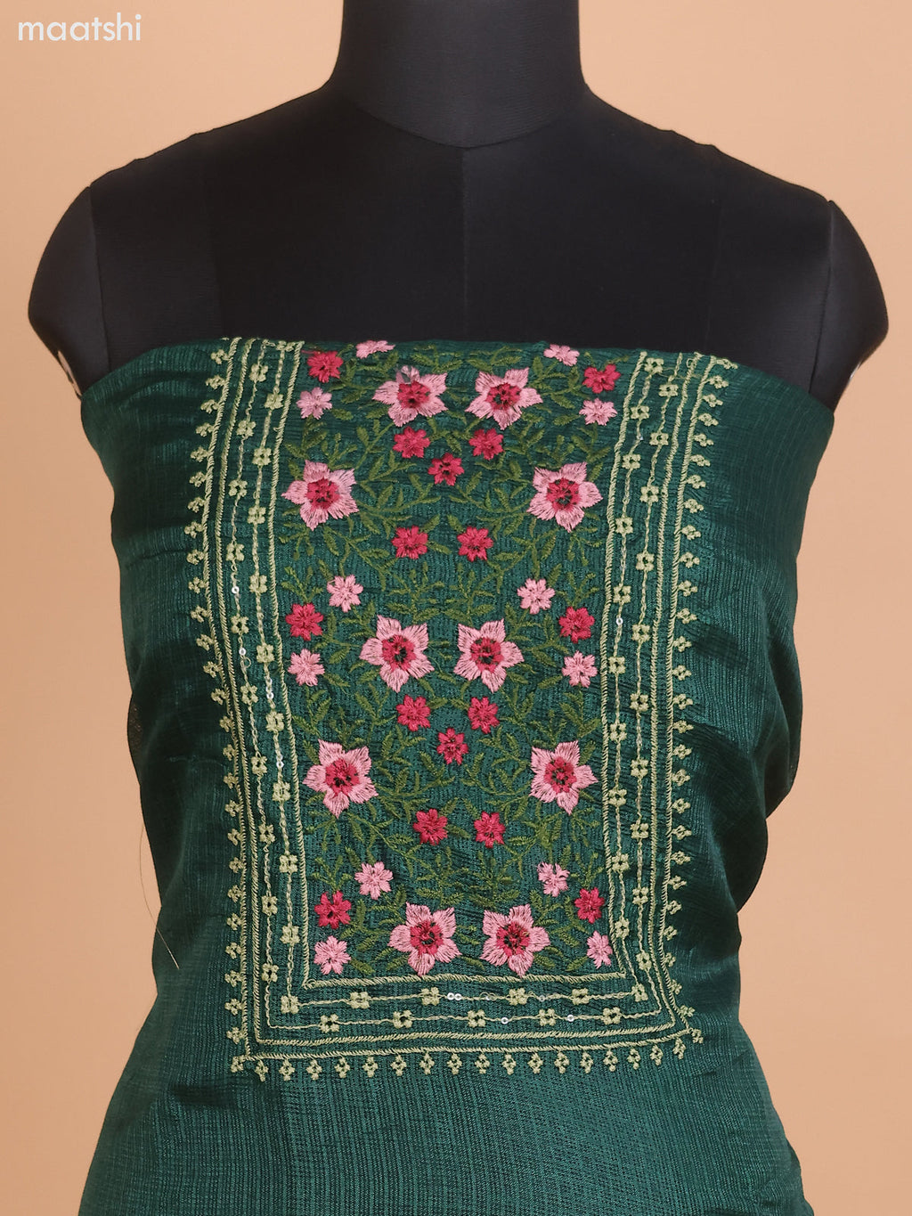 Dark Green Kota Dress Material With Floral Embroidery Work Neck Pattern and Bottom & Dupatta