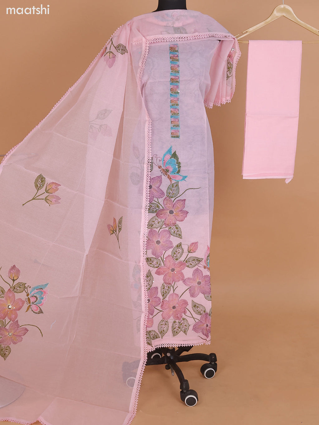 Peach Pink Shade Kota Dress Material With French Knot & Kantha Stich Work and Bottom & Dupatta