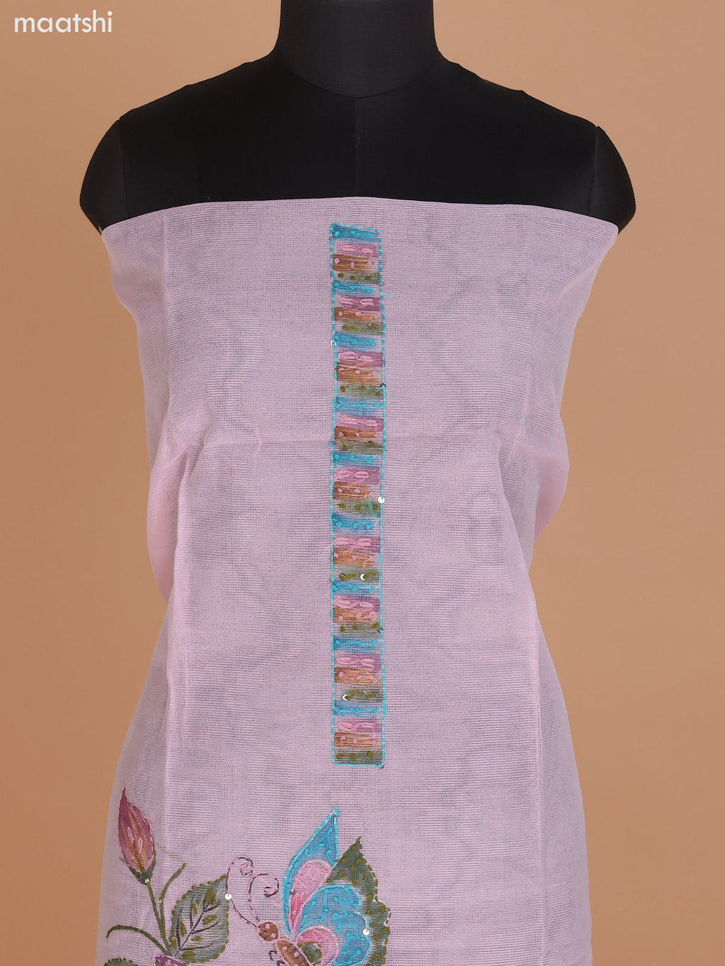 Peach Pink Shade Kota Dress Material With French Knot & Kantha Stich Work and Bottom & Dupatta