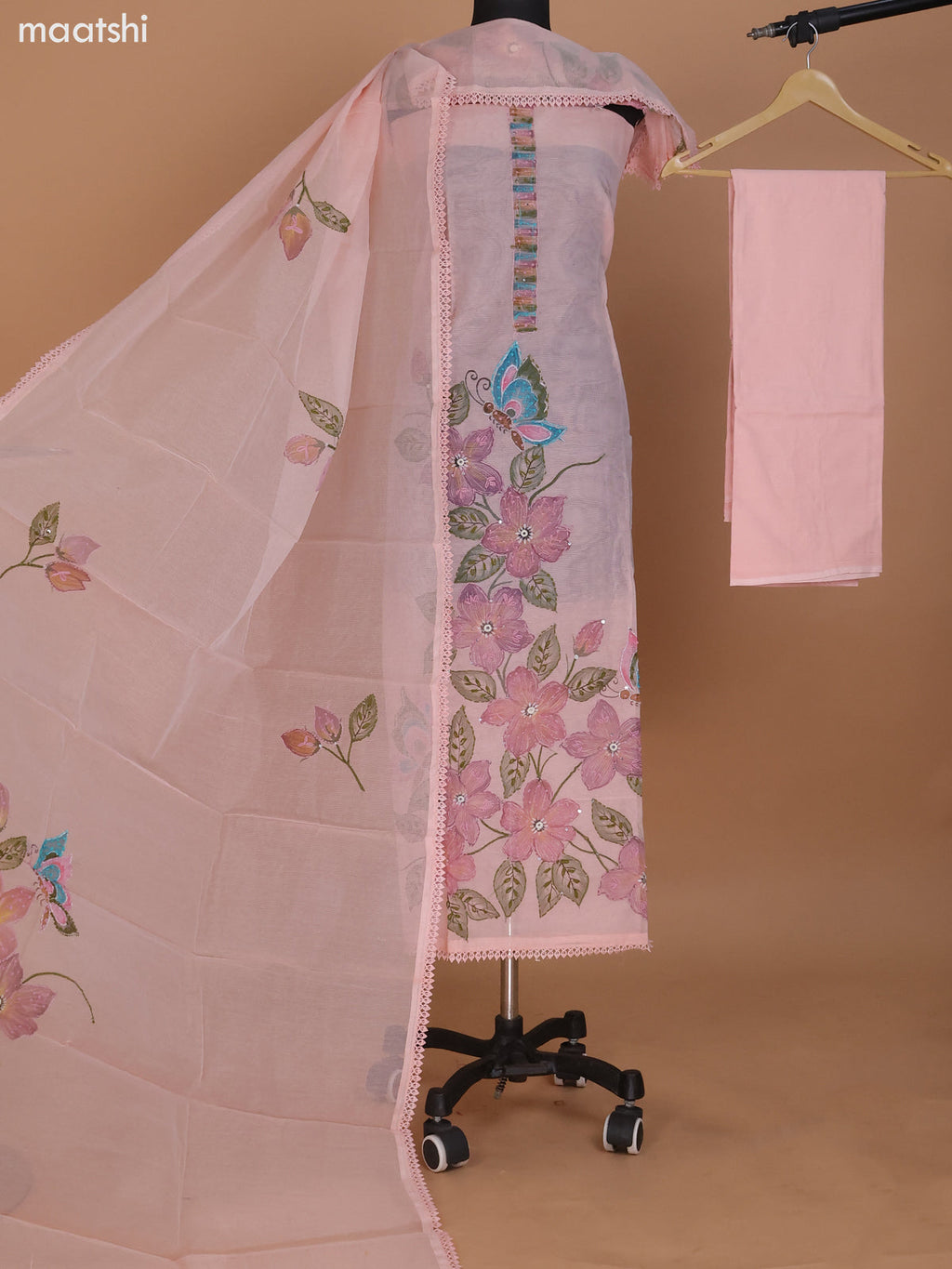 Peach Shade Kota Dress Material With French Knot & Kantha Stich Work and Bottom & Dupatta