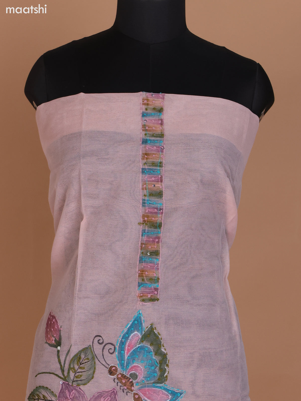 Peach Shade Kota Dress Material With French Knot & Kantha Stich Work and Bottom & Dupatta