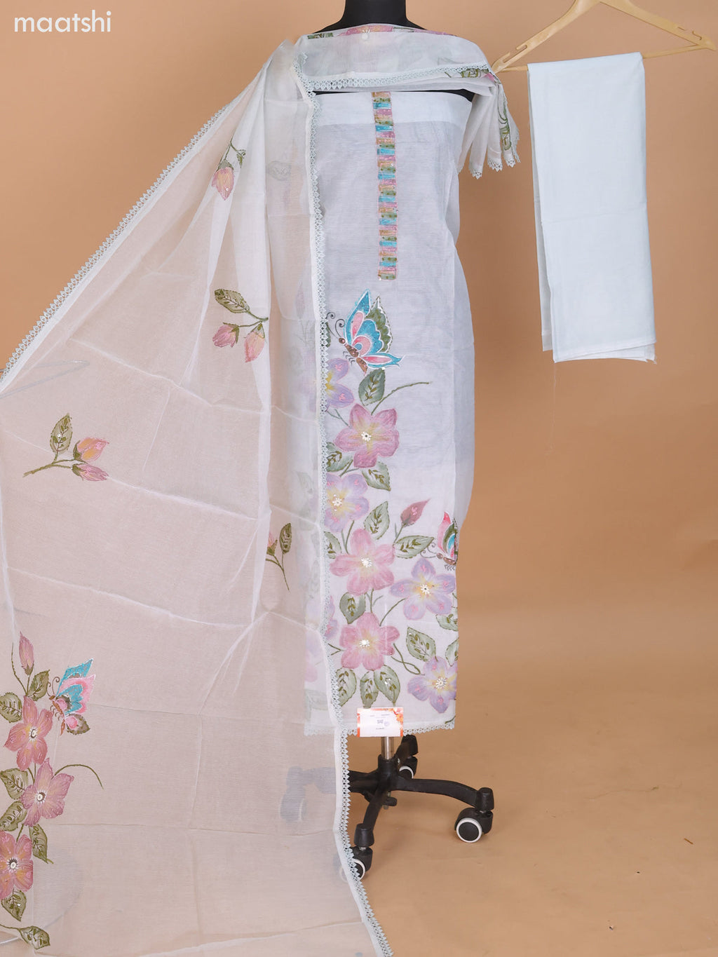 Pastel Blue Shade Kota Dress Material With French Knot & Kantha Stich Work and Bottom & Dupatta