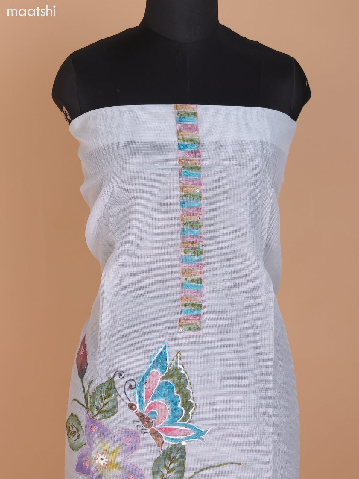 Pastel Blue Shade Kota Dress Material With French Knot & Kantha Stich Work and Bottom & Dupatta