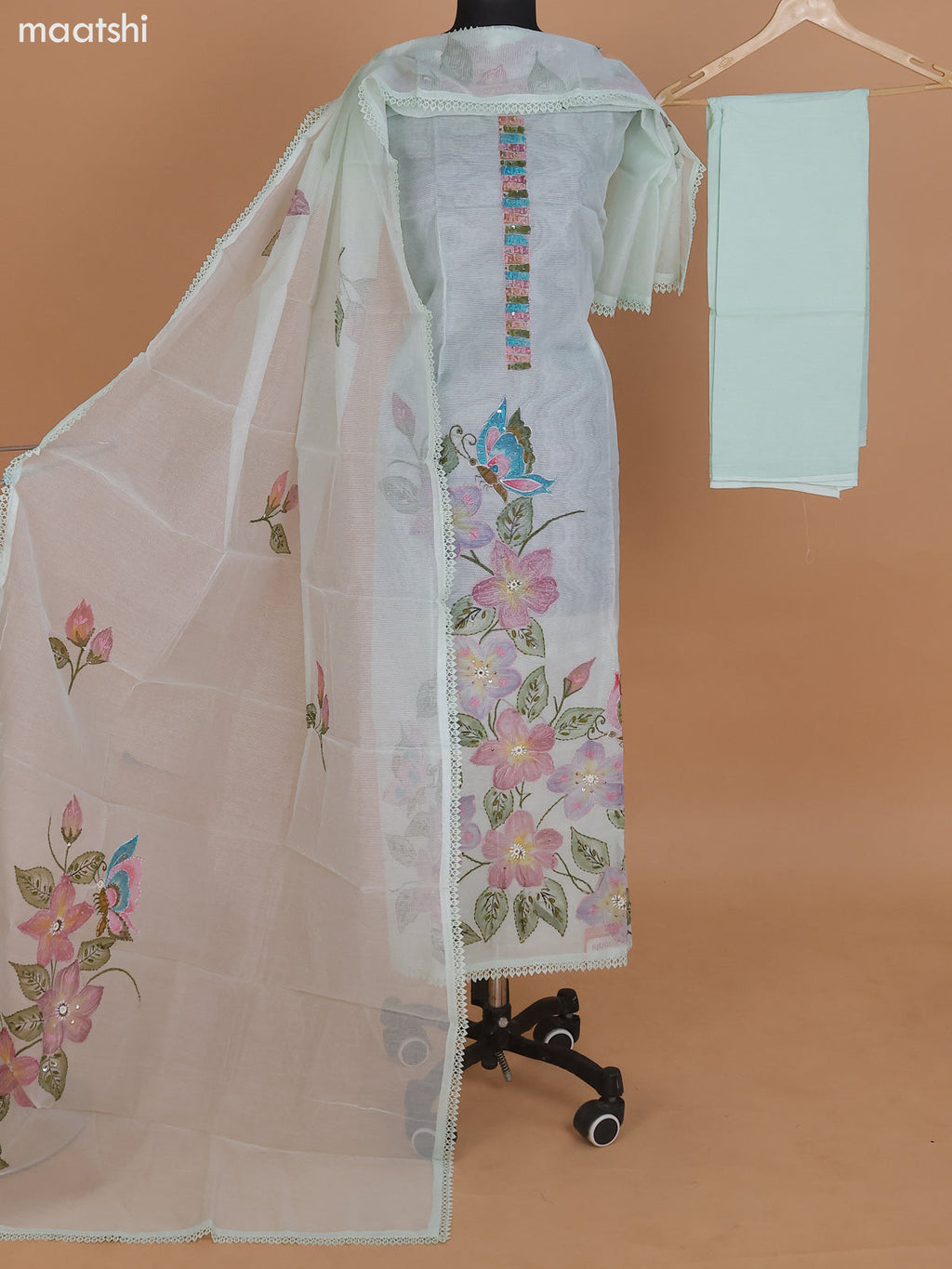 Pastel Green Shade Kota Dress Material With French Knot & Kantha Stich Work and Bottom & Dupatta