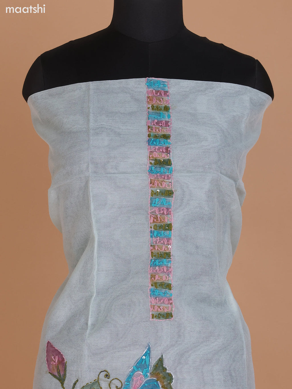 Pastel Green Shade Kota Dress Material With French Knot & Kantha Stich Work and Bottom & Dupatta