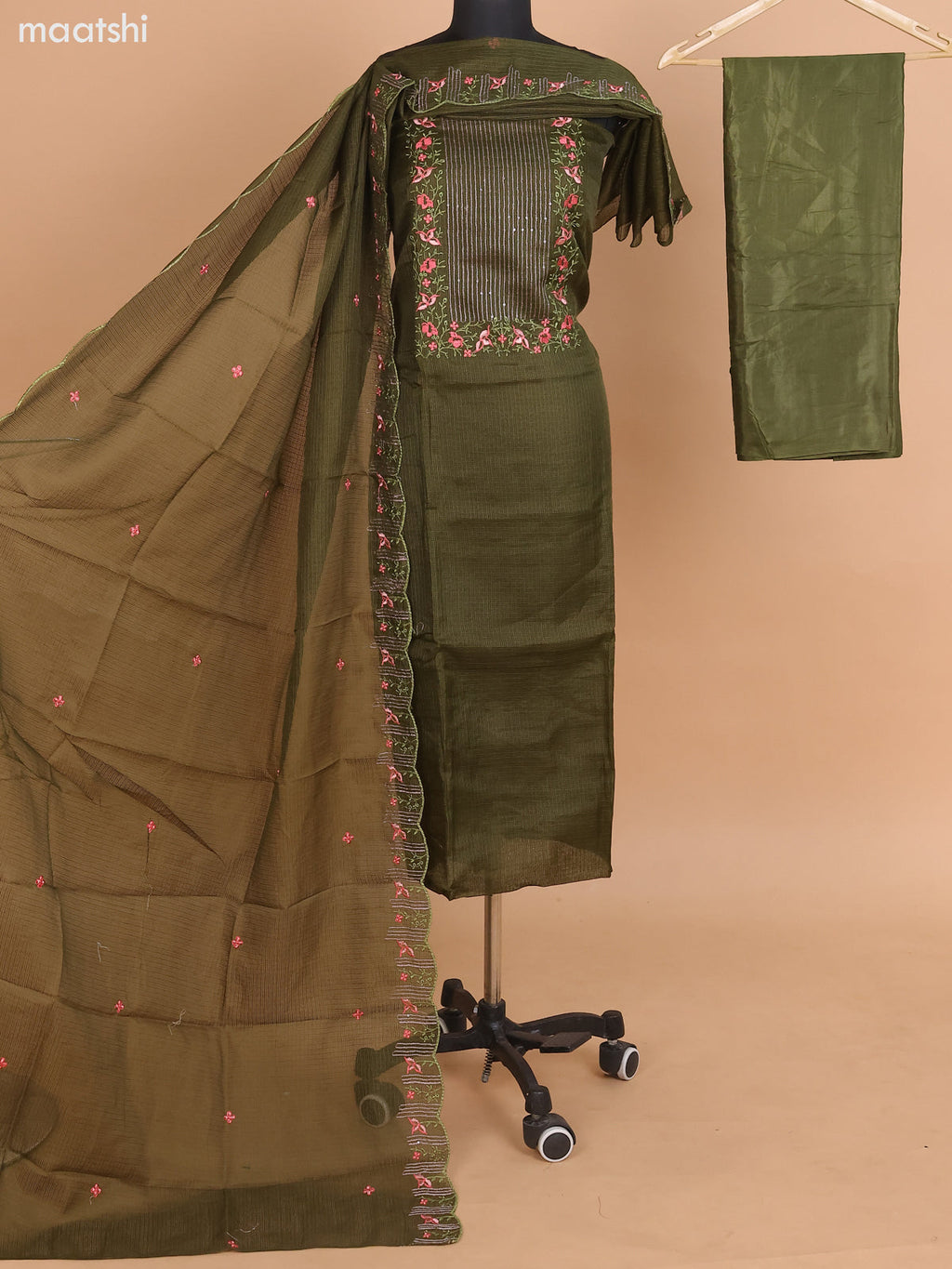 Sap Green Kota Dress Material With Floral Embroidery Work Neck Pattern and Bottom & Dupatta
