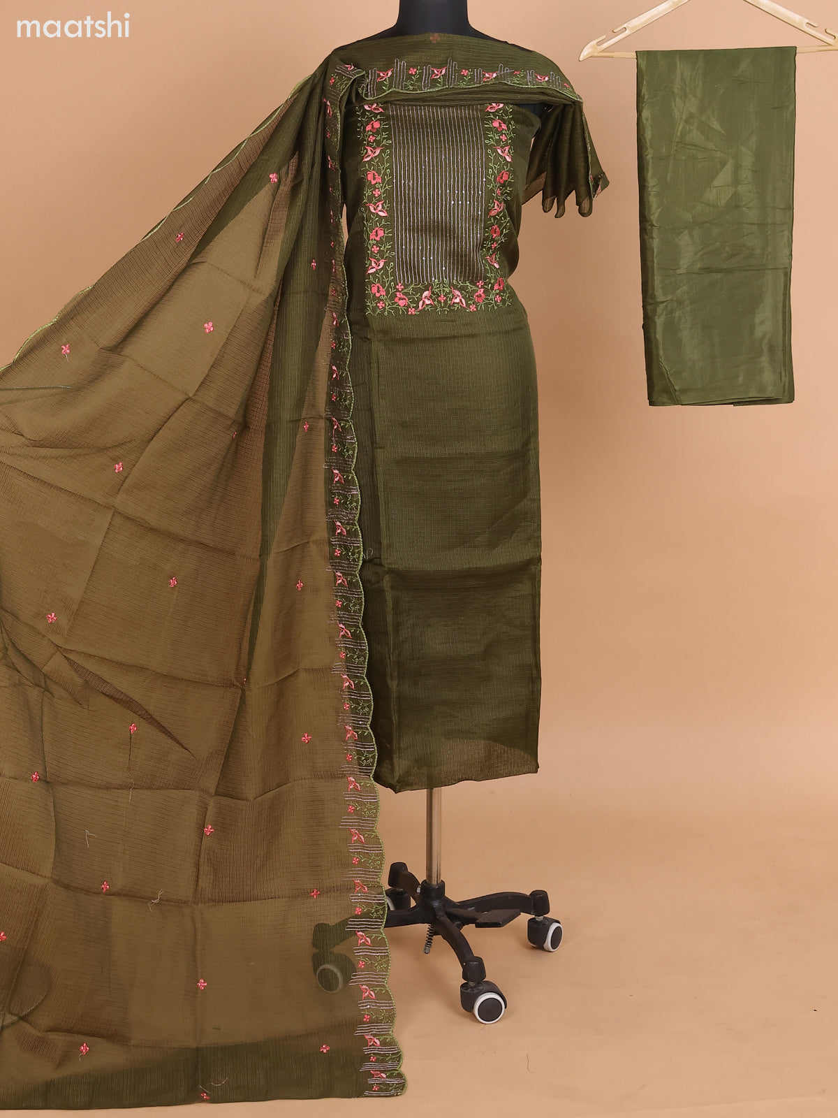 Sap Green Kota Dress Material With Floral Embroidery Work Neck Pattern and Bottom & Dupatta