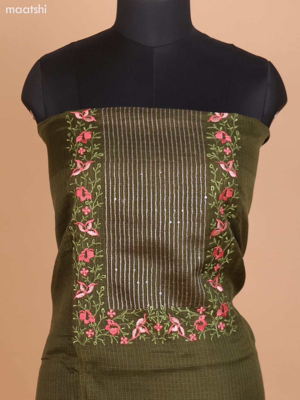 Sap Green Kota Dress Material With Floral Embroidery Work Neck Pattern and Bottom & Dupatta