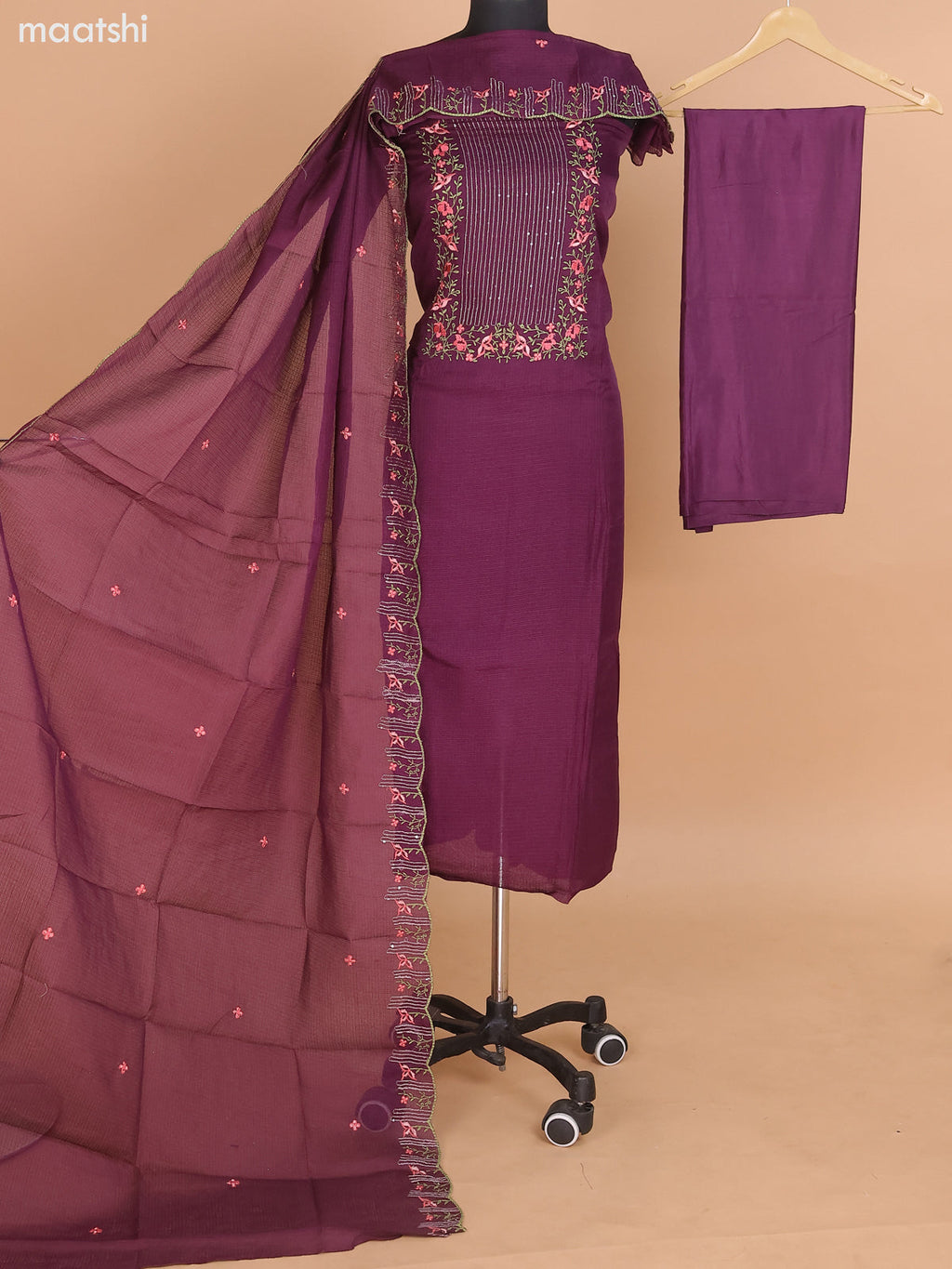 Wine Shade Kota Dress Material With Floral Embroidery Work Neck Pattern and Bottom & Dupatta