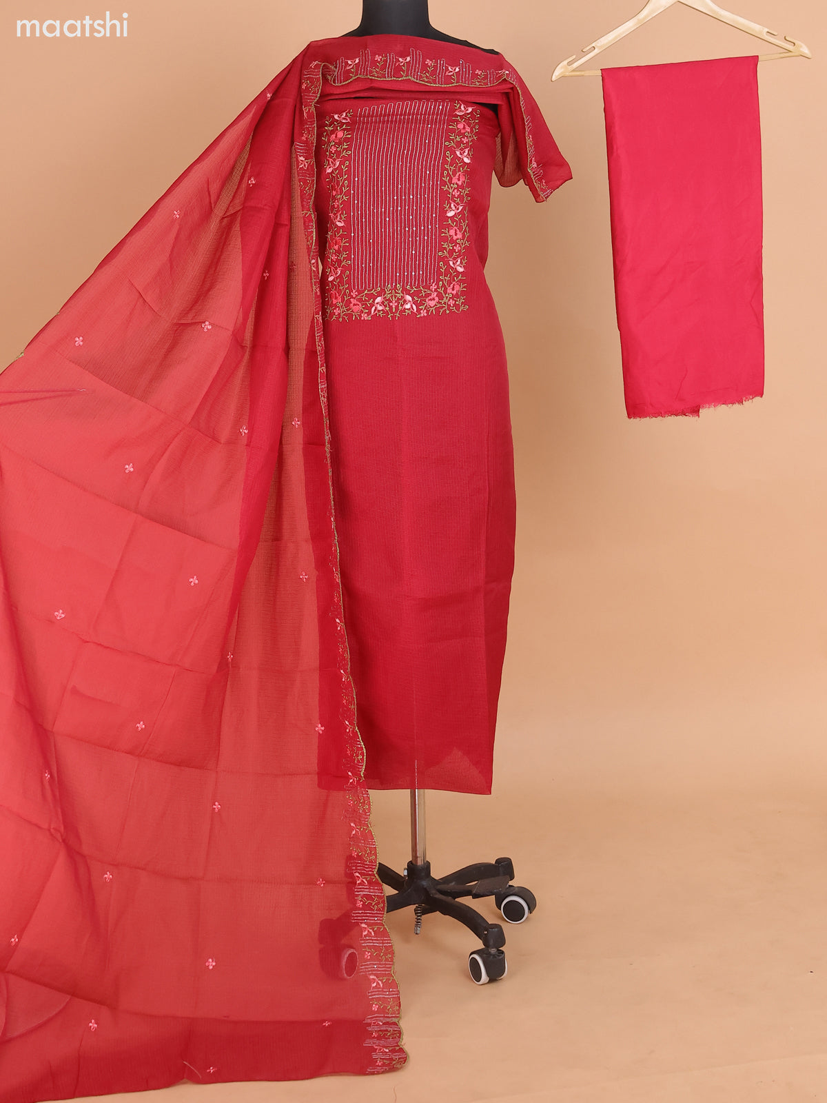 Maroon Kota Dress Material With Floral Embroidery Work Neck Pattern and Bottom & Dupatta