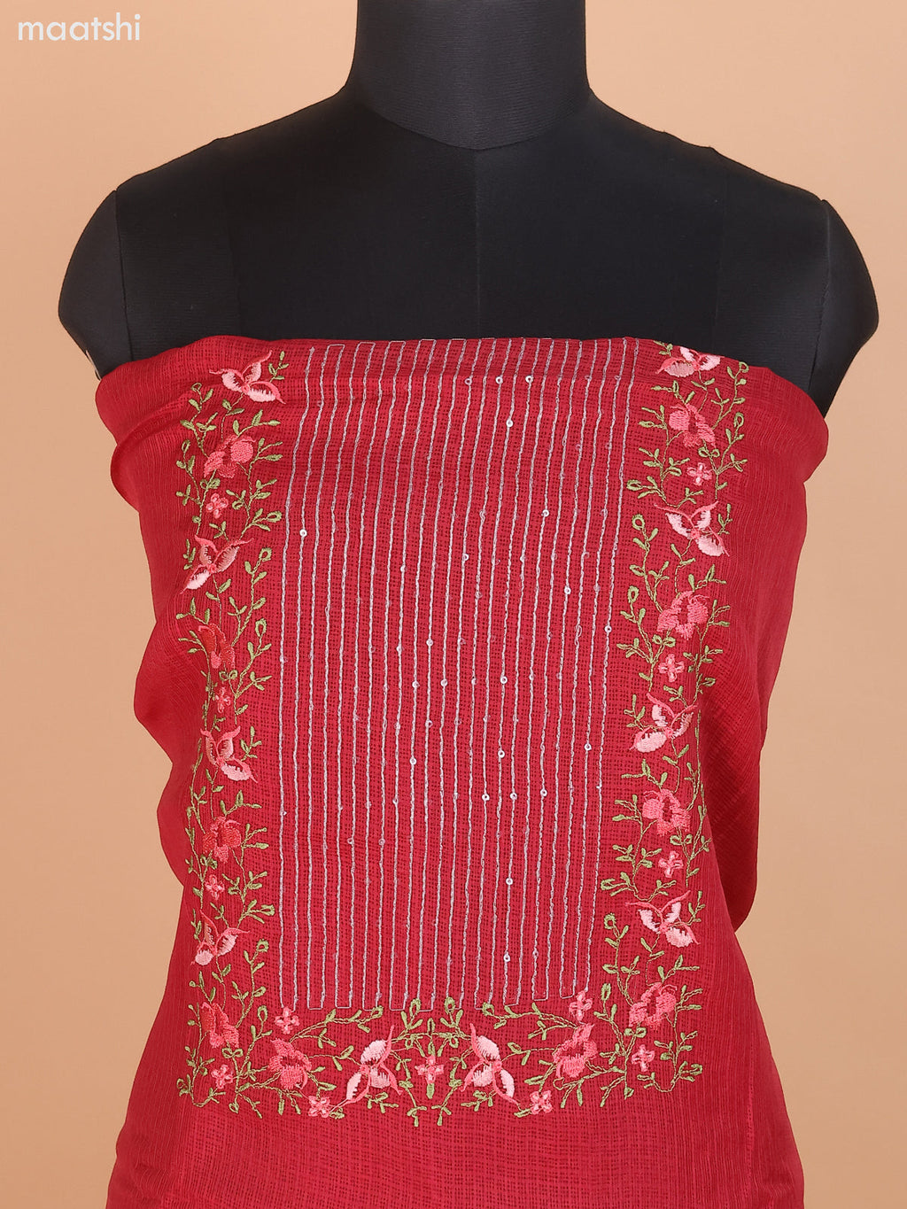 Maroon Kota Dress Material With Floral Embroidery Work Neck Pattern and Bottom & Dupatta