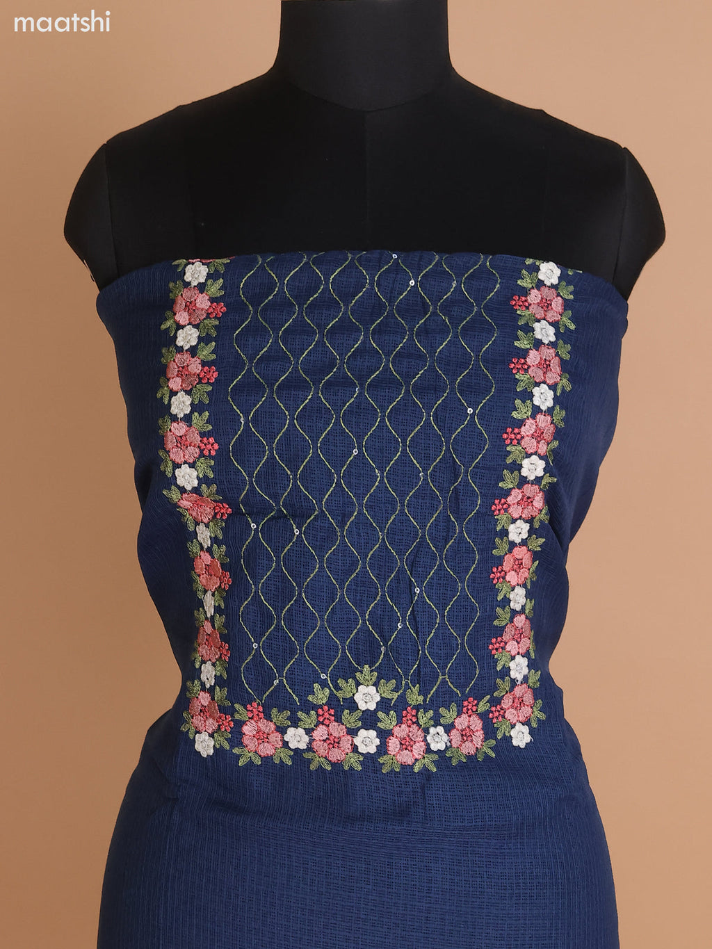Peacock Blue Kota Dress Material With Floral Embroidery Work Neck Pattern and Bottom & Dupatta