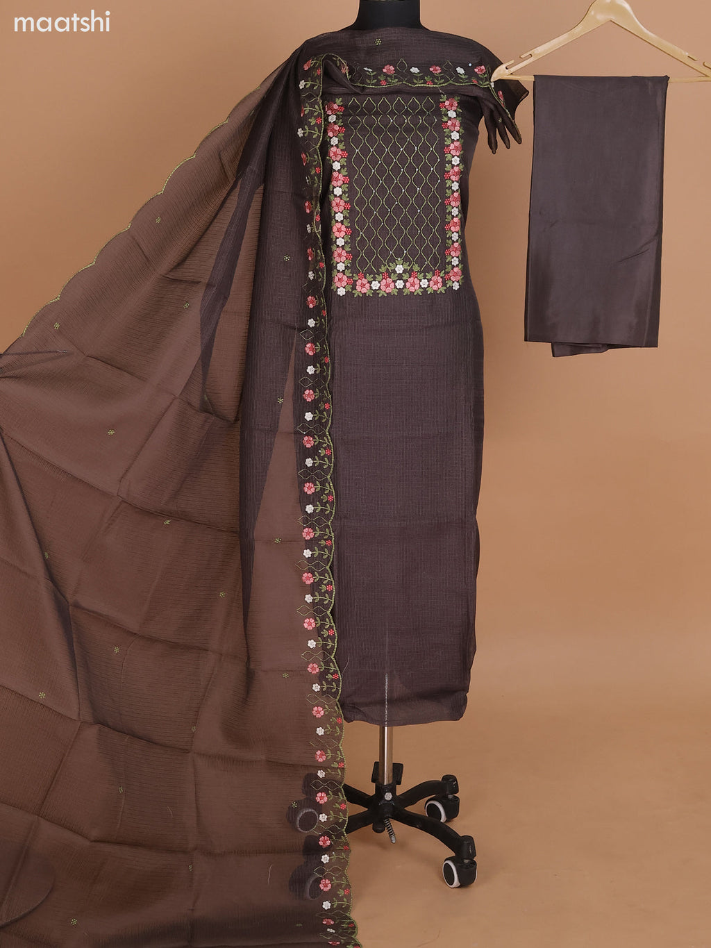 Elephant Grey Kota Dress Material With Floral Embroidery Work Neck Pattern and Bottom & Dupatta