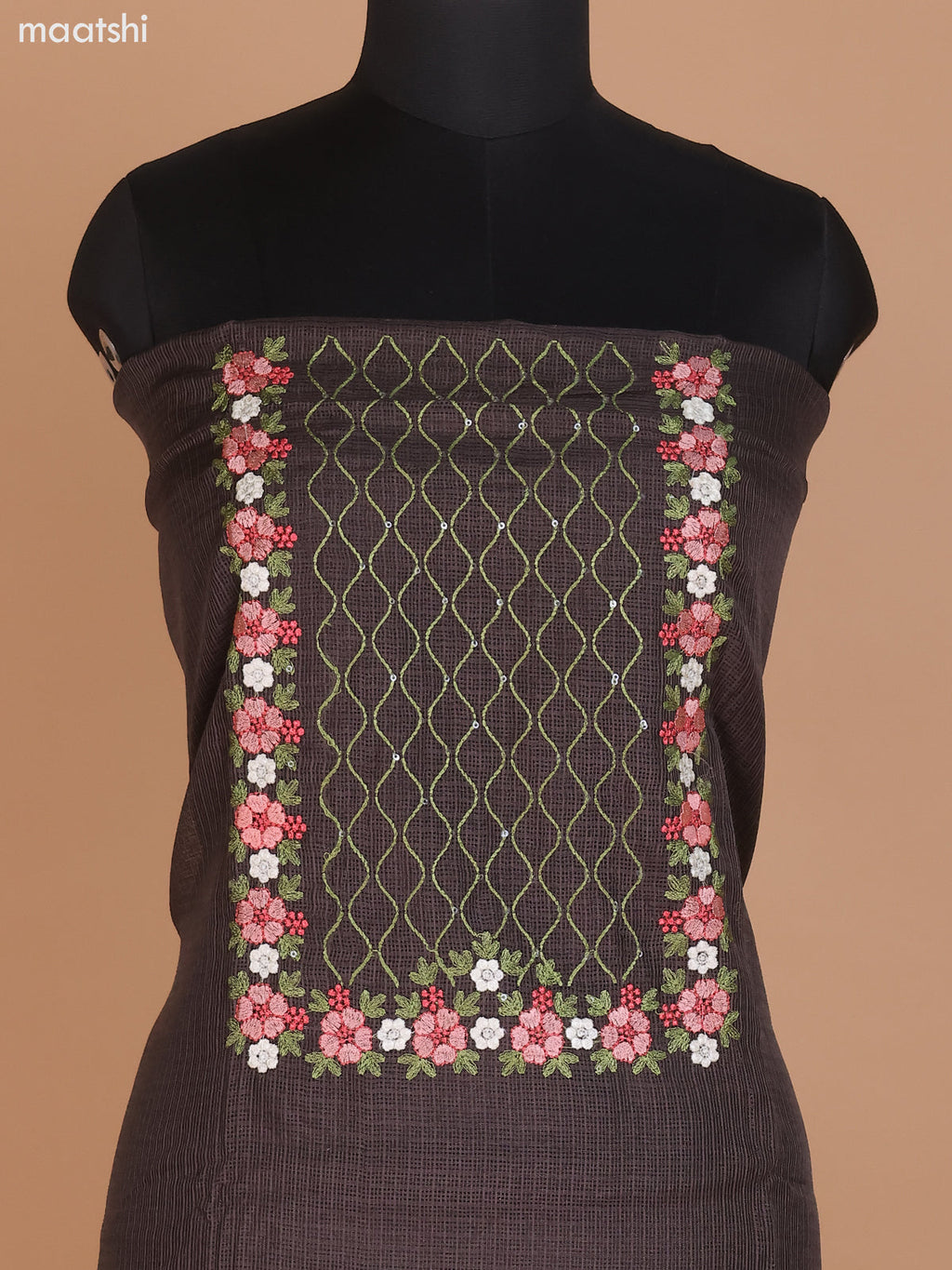 Elephant Grey Kota Dress Material With Floral Embroidery Work Neck Pattern and Bottom & Dupatta