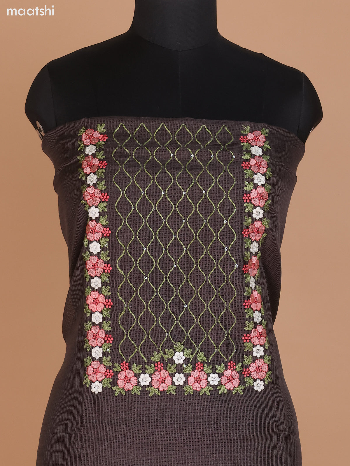 Elephant Grey Kota Dress Material With Floral Embroidery Work Neck Pattern and Bottom & Dupatta