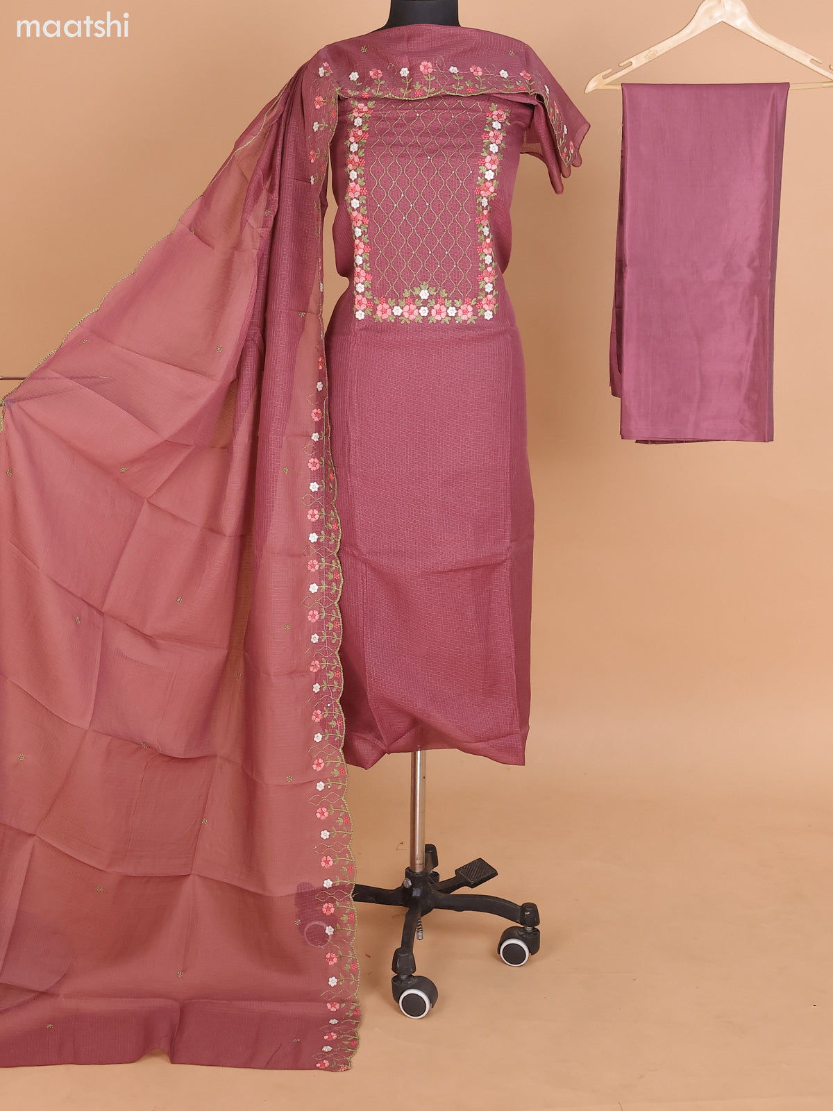 Maroon Shade Kota Dress Material With Floral Embroidery Work Neck Pattern and Bottom & Dupatta