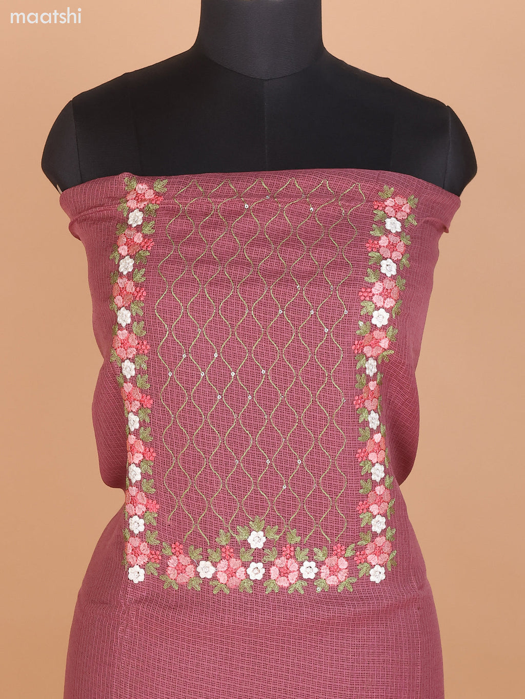 Maroon Shade Kota Dress Material With Floral Embroidery Work Neck Pattern and Bottom & Dupatta