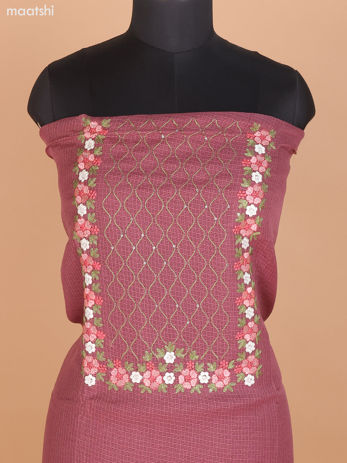 Maroon Shade Kota Dress Material With Floral Embroidery Work Neck Pattern and Bottom & Dupatta
