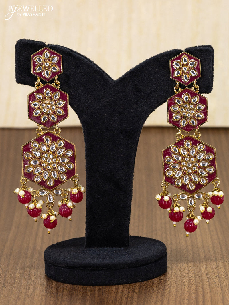 Light weight earring maroon with kundan stones and monalisa beads hanging