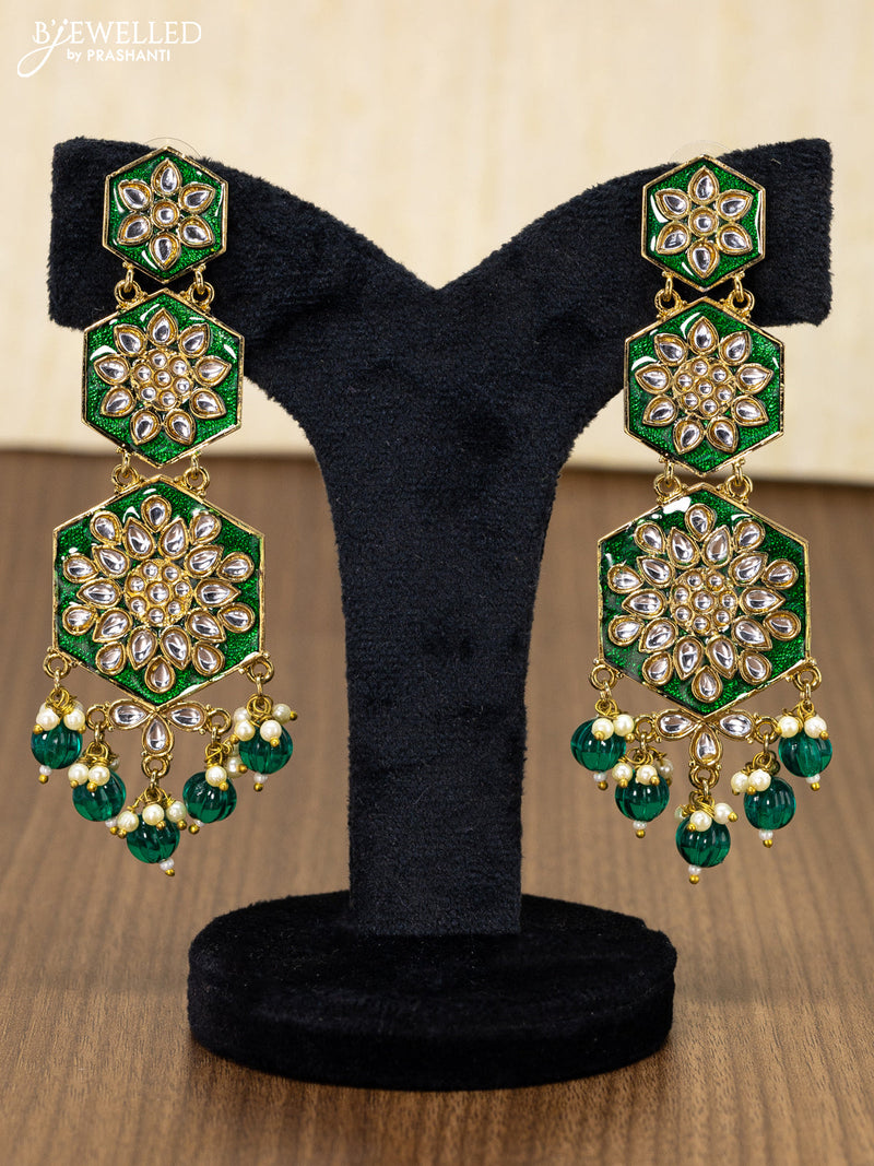 Light weight earring green with kundan stones and monalisa beads hanging