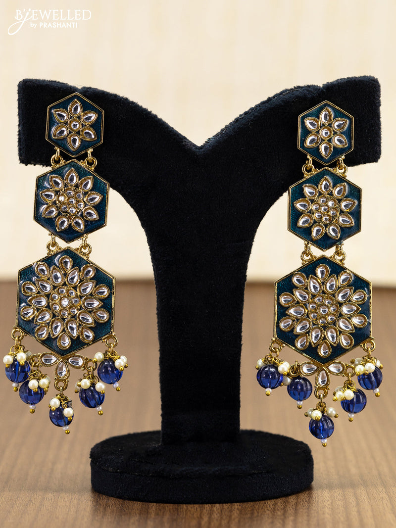 Light weight earring peacock blue with kundan stones and monalisa beads hanging