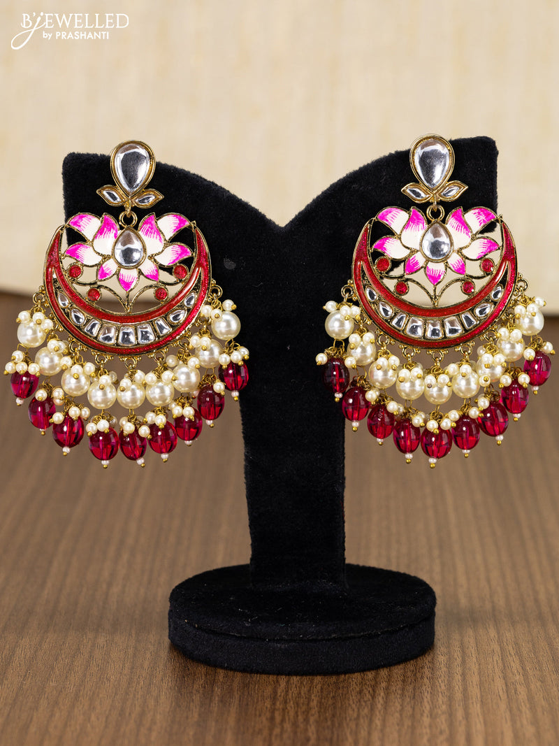 Light weight lotus design pink chandbali earring with pearls and monalisa beads hanging