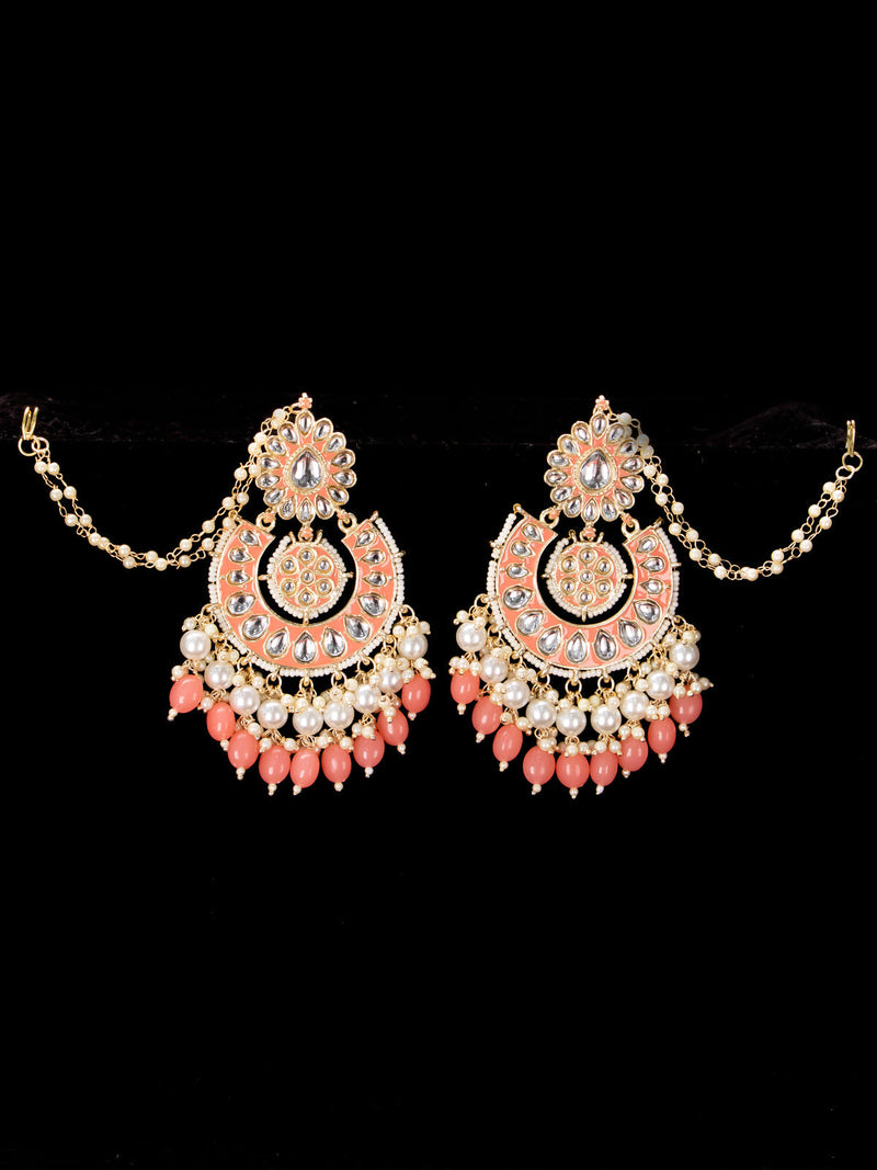 Light weight chandbali peach minakari earrings with pearl maatal