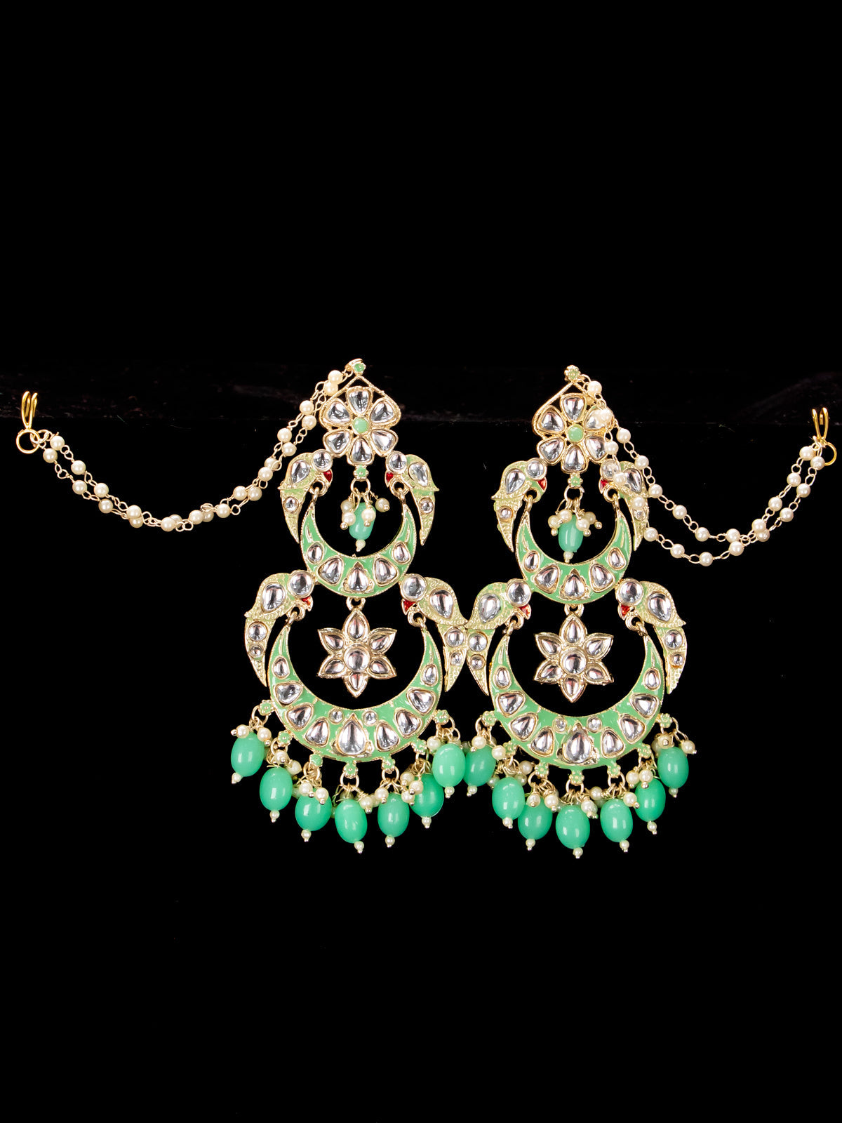 Light weight chandbali teal green minakari earrings with pearl maatal