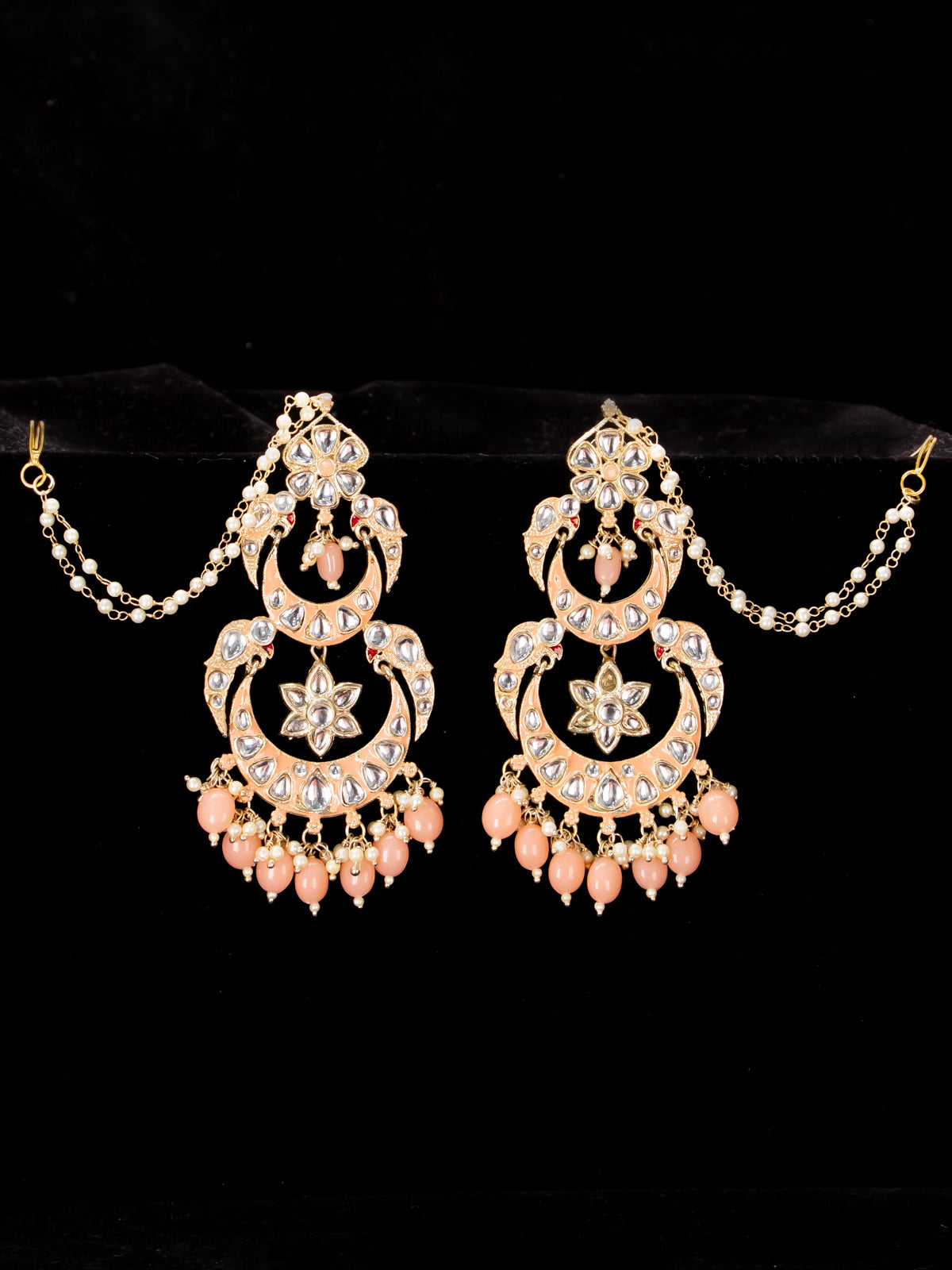 Light weight chandbali peach minakari earrings with pearl maatal