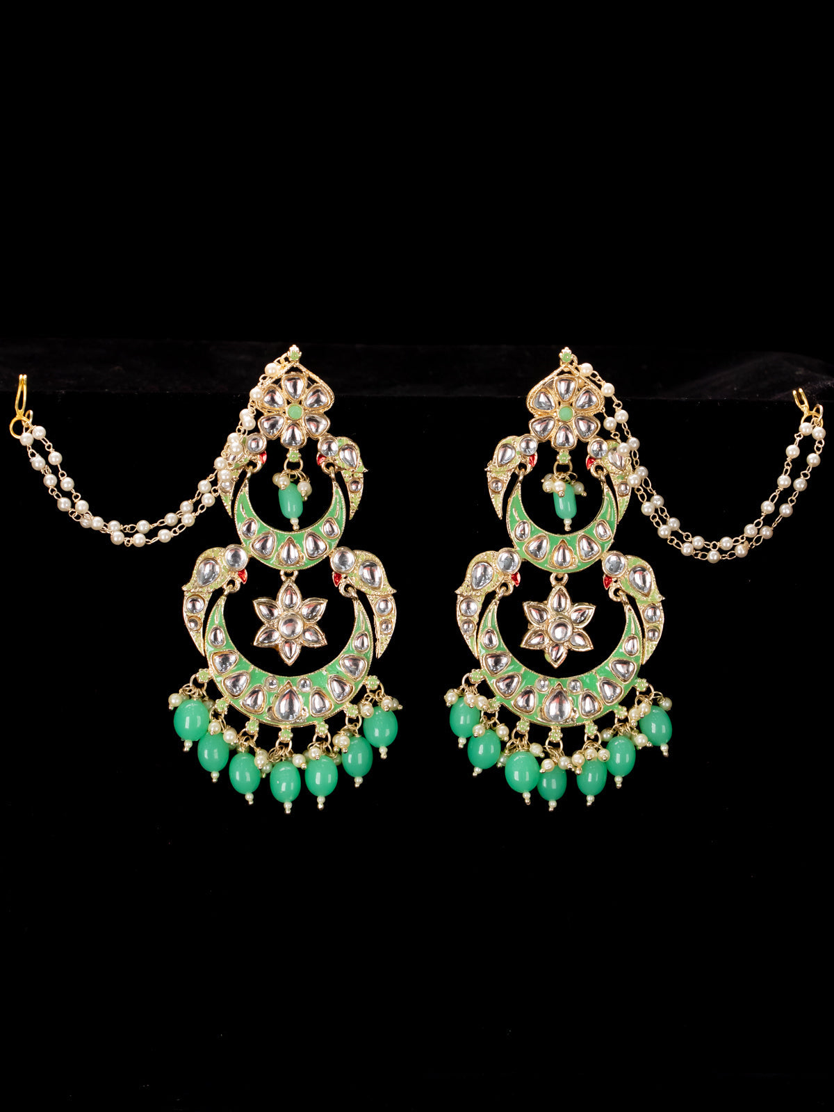 Light weight chandbali teal green minakari earrings with pearl maatal
