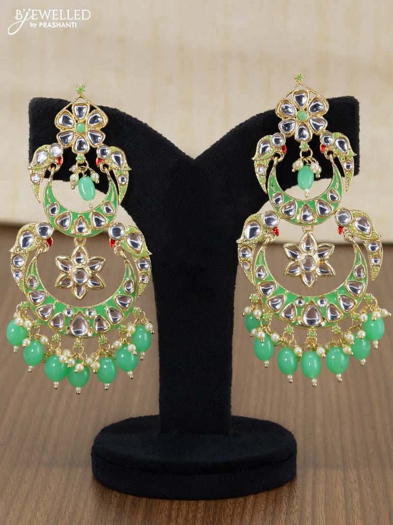 Light weight chandbali teal green minakari earrings with pearl maatal