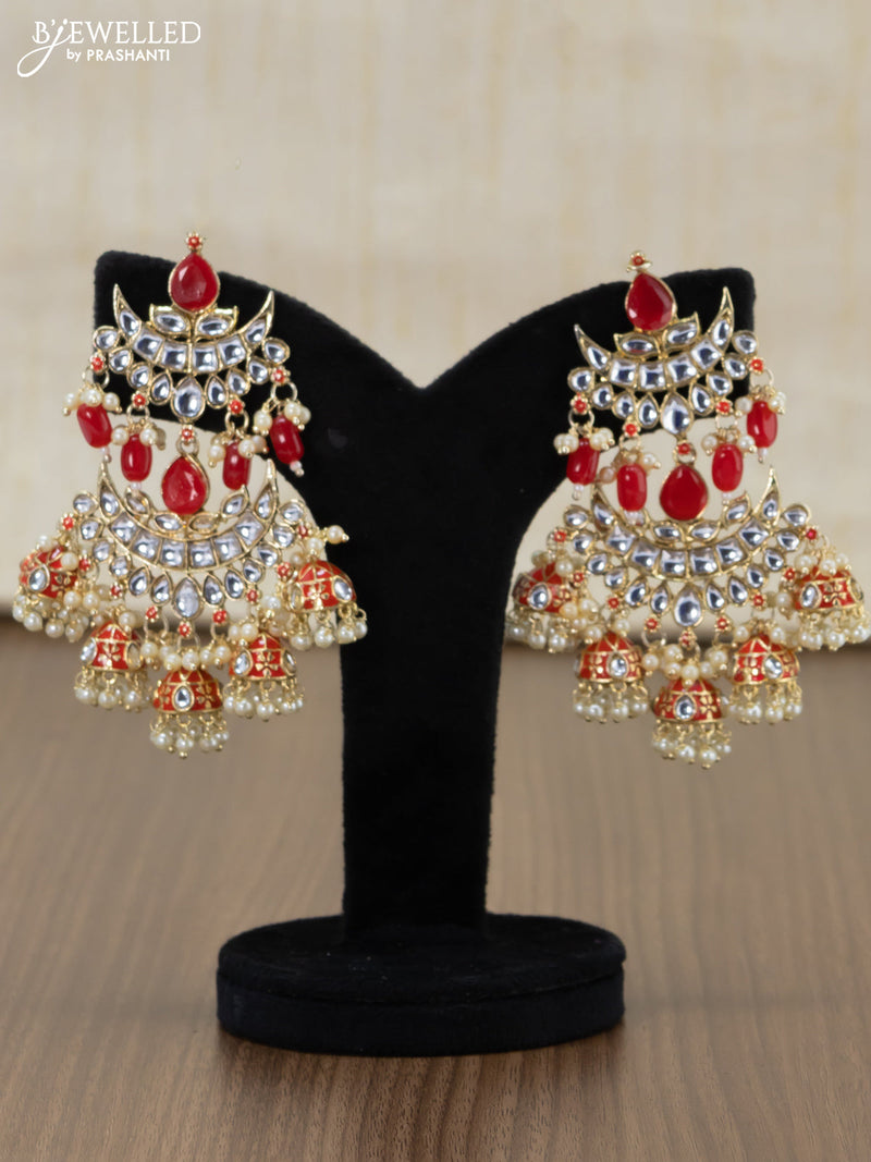 Light weight earrings red and kundan stones with pearl maatal