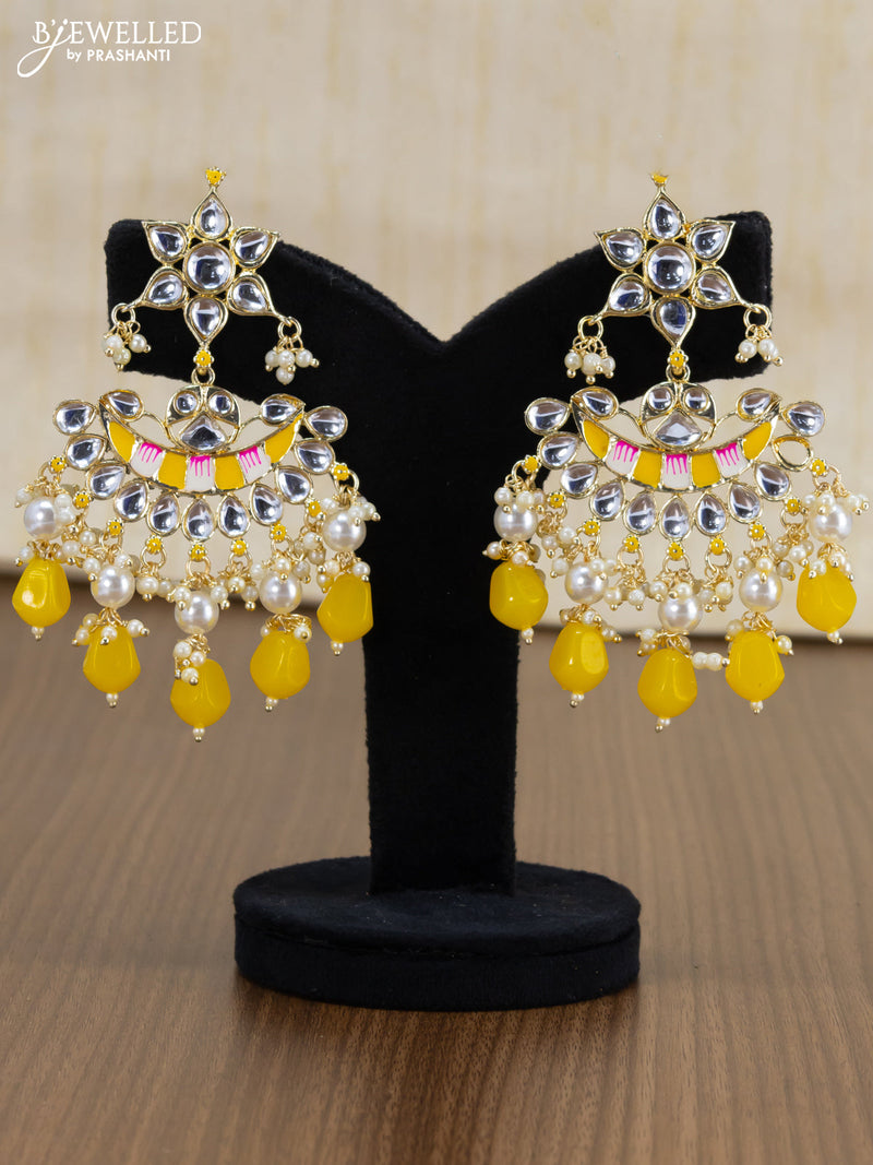 Light weight minakari yellow earrings with pearl maatal