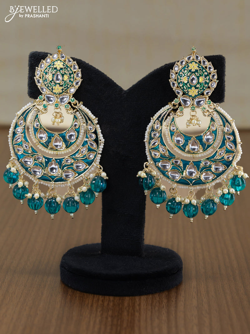 Light weight chandbali peacock green minakari earrings with pearl maatal