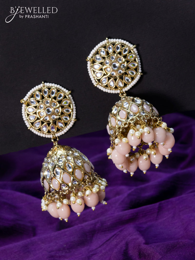 Light weight jhumkas peach and cz stone with beads hangings