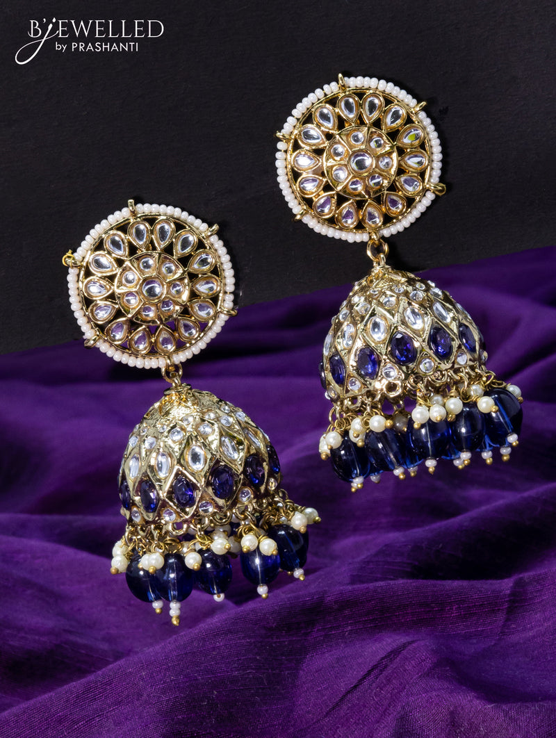 Light weight jhumkas blue and cz stone with beads hangings