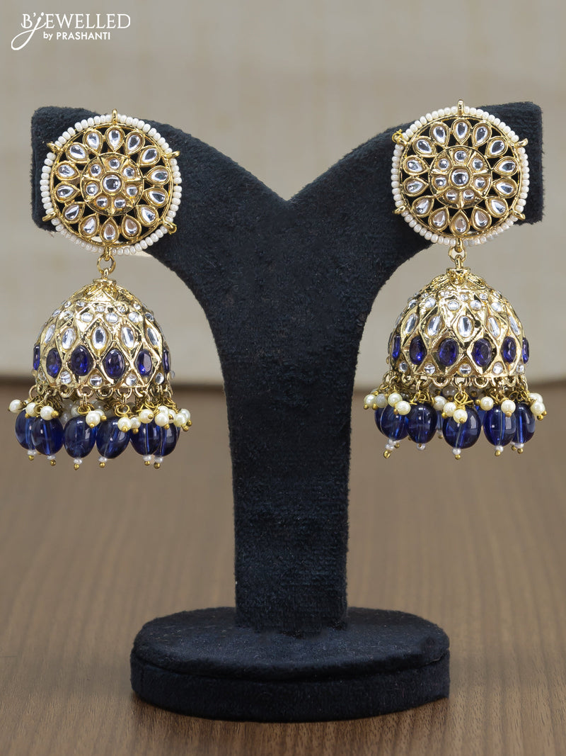 Light weight jhumkas blue and cz stone with beads hangings