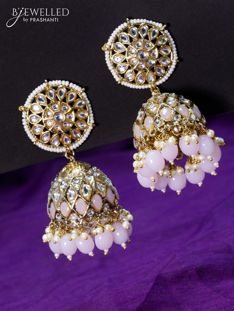 Light weight jhumkas baby pink and cz stone with beads hangings