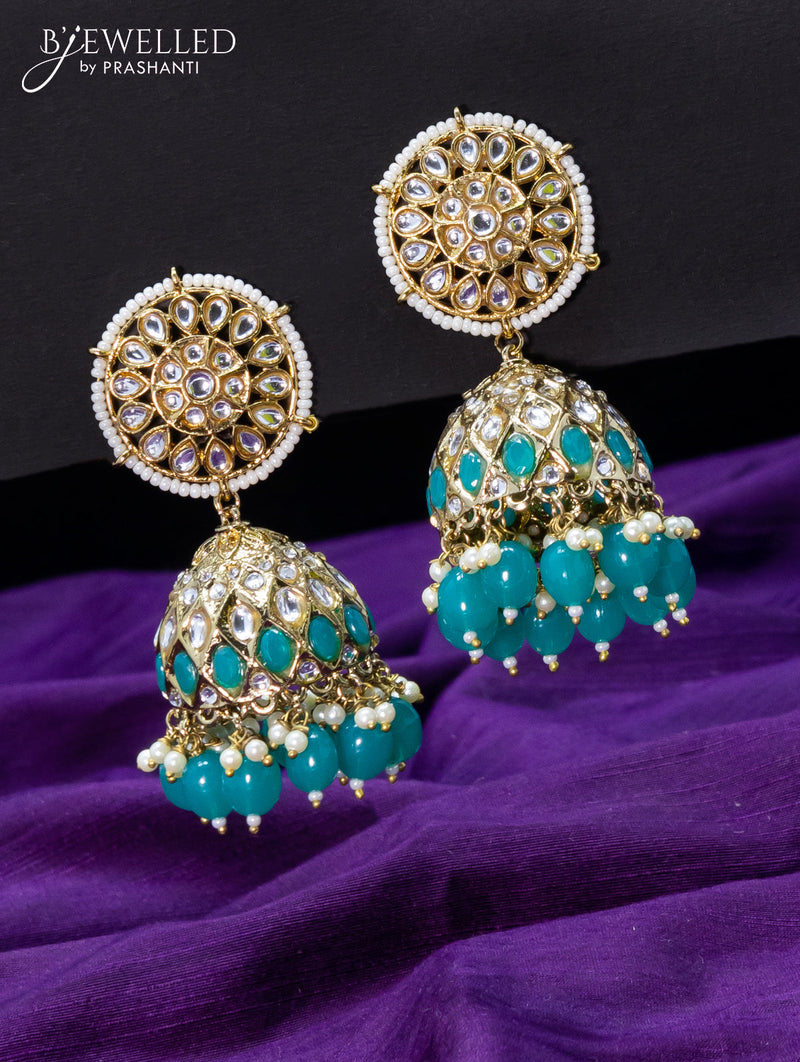 Light weight jhumkas teal green and cz stone with beads hangings