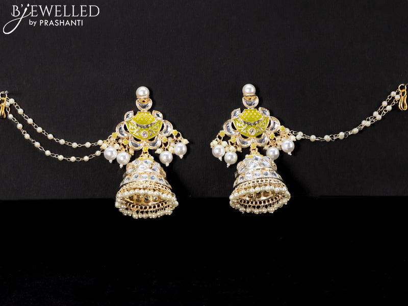 Light weight olive green jhumkas with kundan stones and pearl maatal