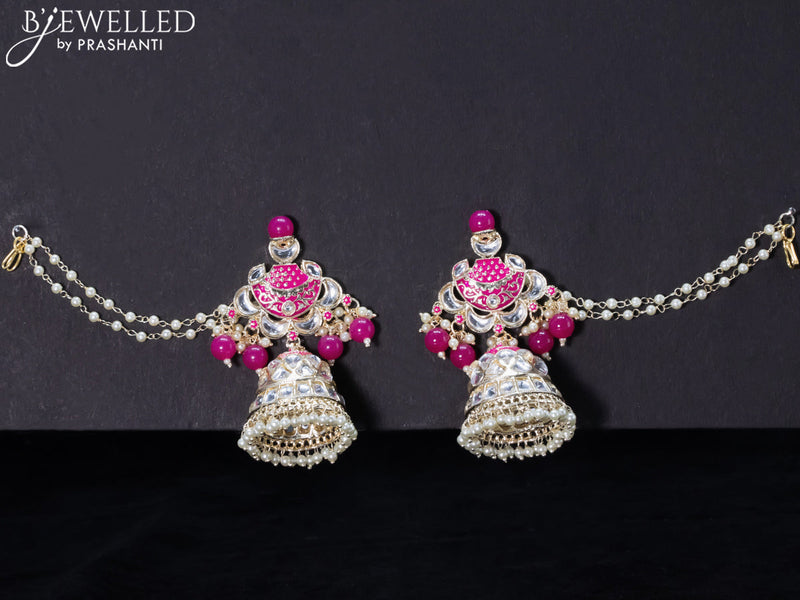 Light weight pink jhumkas with kundan stones and pearl maatal