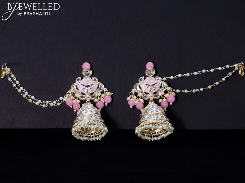 Light weight baby pink jhumkas with kundan stones and pearl maatal